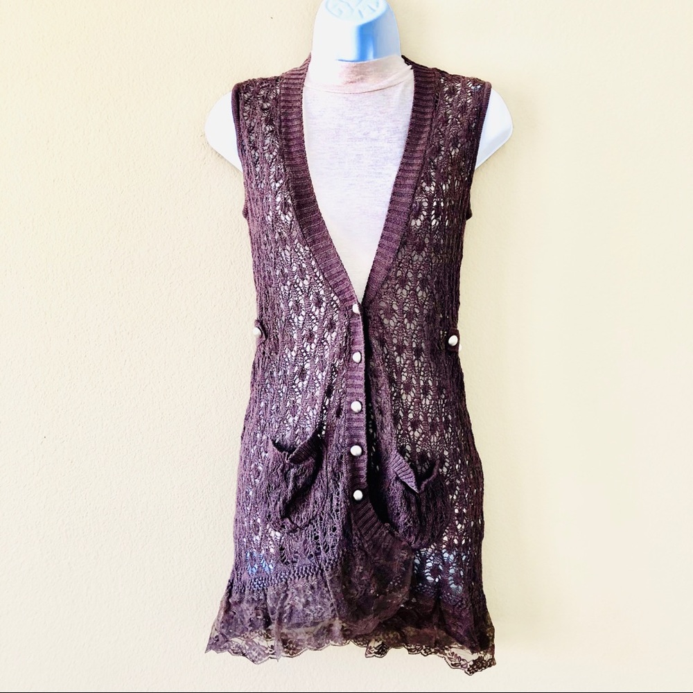 SEA,TREE⚡️Lace Trim Crochet Long Cardigan Vest_S/M